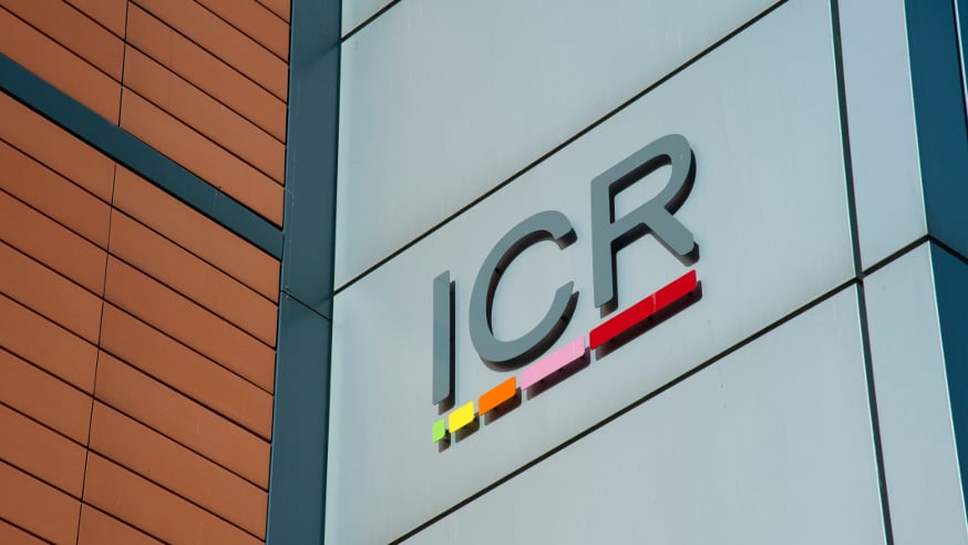 The ICR logo on the exterior of the Brookes Lawley Building in Sutton