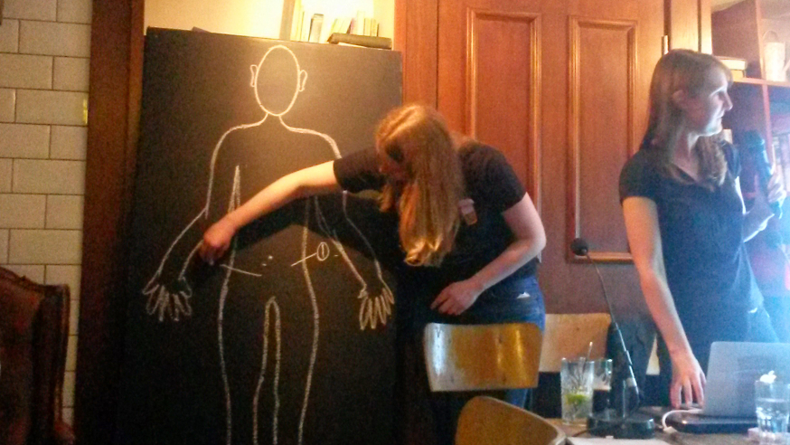 Drawing organs on a chalkboard at Pint of Science 2015