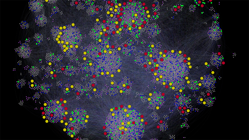A network diagram showing protein interactions inside a cell carousel. Red and yellow are drug targets; red is cancer, yellow is other diseases (image: Dr Bissan Al-Lazikani)