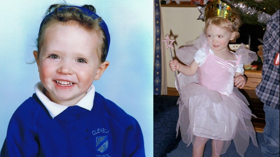 Two photos of Abbie. On the left, Abbie in her school uniform. On the right, Abbie dressed as a fairy at Christmas