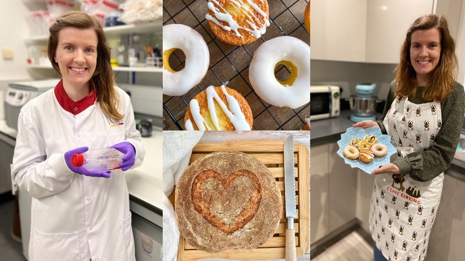 Collage of Ana Padilha in the lab and at home, baking