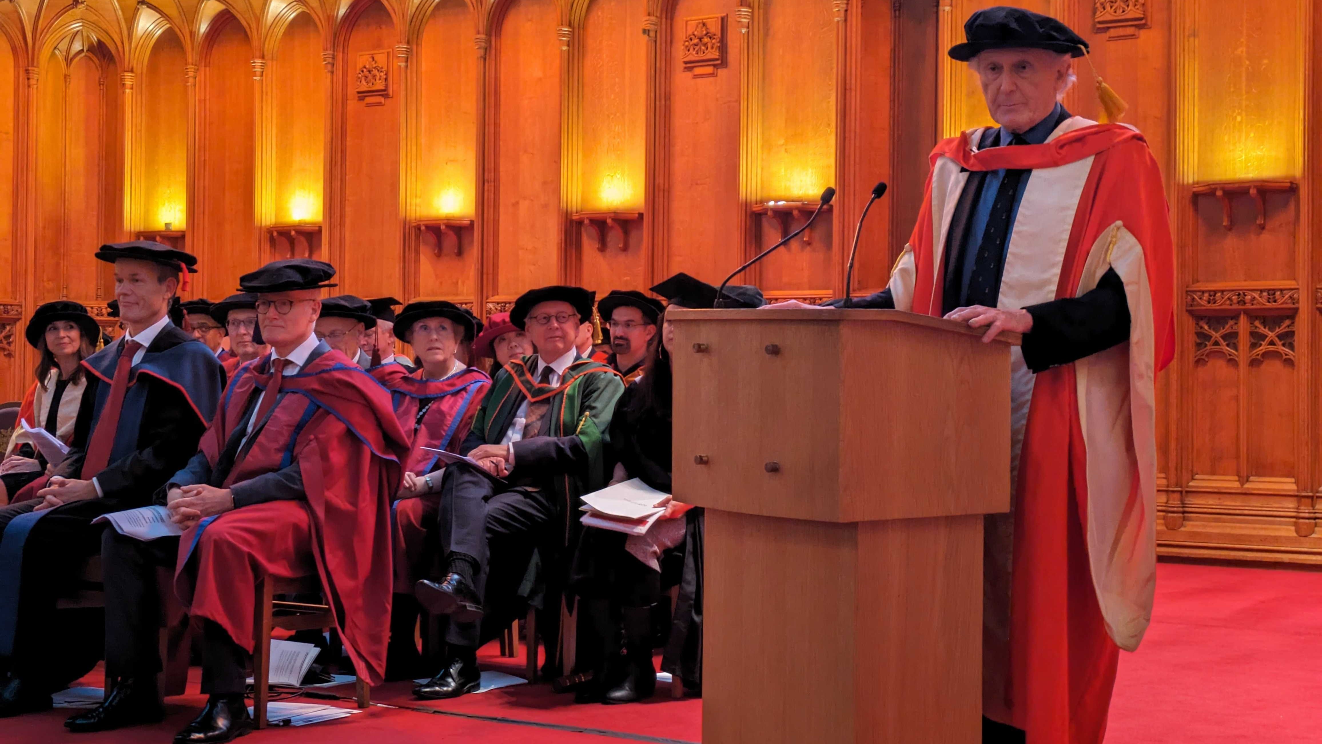 Professor Sir Bruce Ponder speaking after receiving an honorary degree.