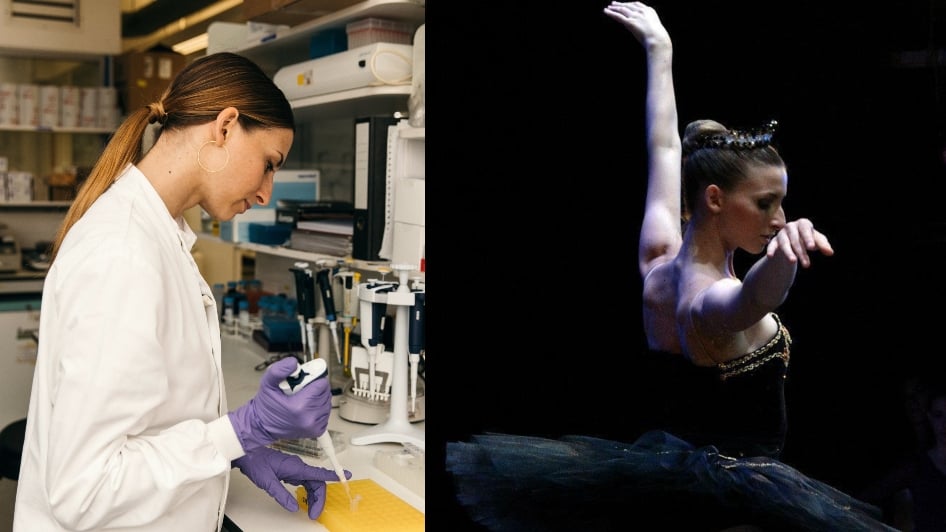 Collage of Dr Camilla Rega in the lab and dancing ballet