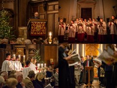 Collage of the Carols from Chelsea event held at the Wren Chapel, depicting the choir and actor Toby Jones