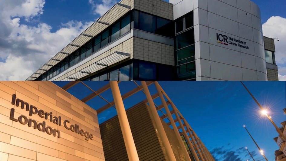 Split image of Sir Richard Doll building in Sutton and Imperial College building in South Kensington