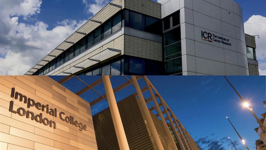 Split image of Sir Richard Doll building in Sutton and Imperial College building in South Kensington