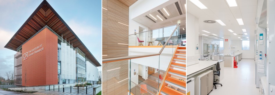 Three images of the newly built Centre; one from the outside, one of the staircase and one of the labs