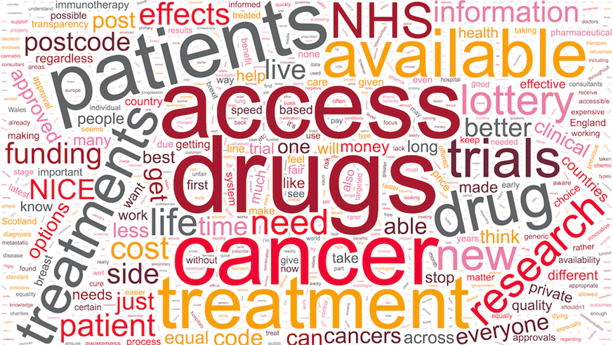 Wordcloud made up of cancer patient survey responses regarding drug approvals and access