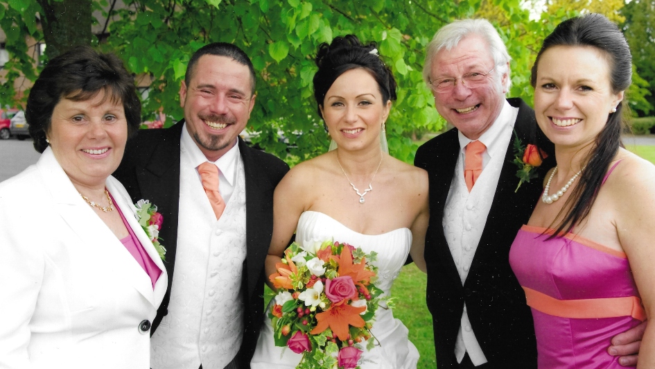 Gerry and Jenny with their children at the wedding of their daughter, Christine. From left to right: Jenny, their son Steven, their daughter Christine, Gerry, their daughter Angela