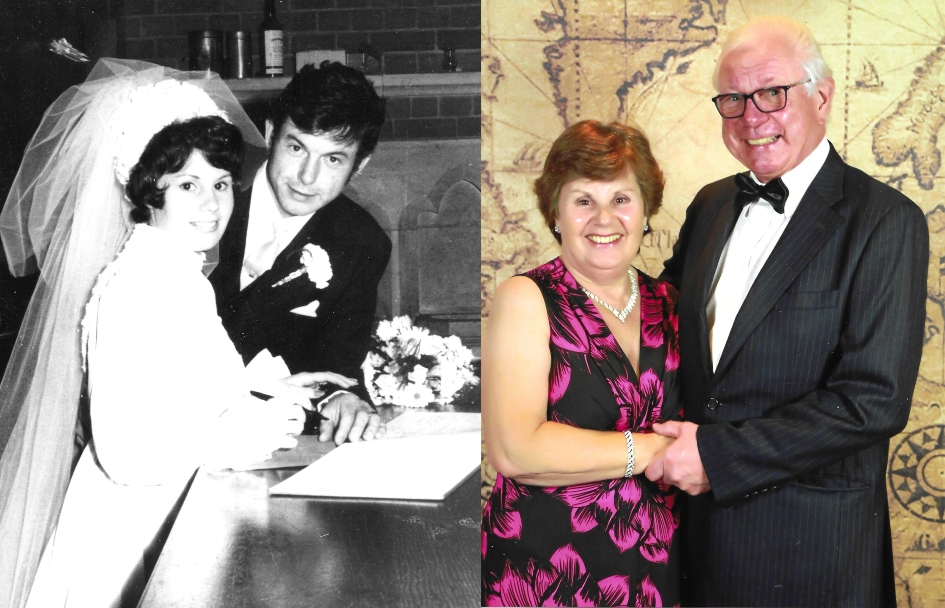 On the right is a photo of Gerry and Jenny on their wedding day in 1971. On the left is a photo of Gerry and Jenny on their Golden Wedding Anniversary cruise in 2021
