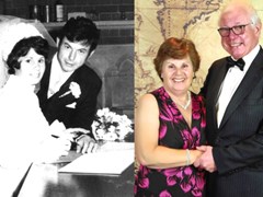 On the left is a photo of Gerry and Jenny on their wedding day in 1971. On the right is a photo of Gerry and Jenny on their Golden Wedding Anniversary in 2021