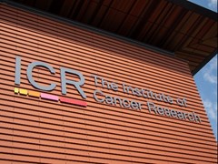 Close up of the ICR logo on the a research building