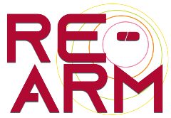 RE-ARM in red bolded text in front of a multi coloured concentric circle design