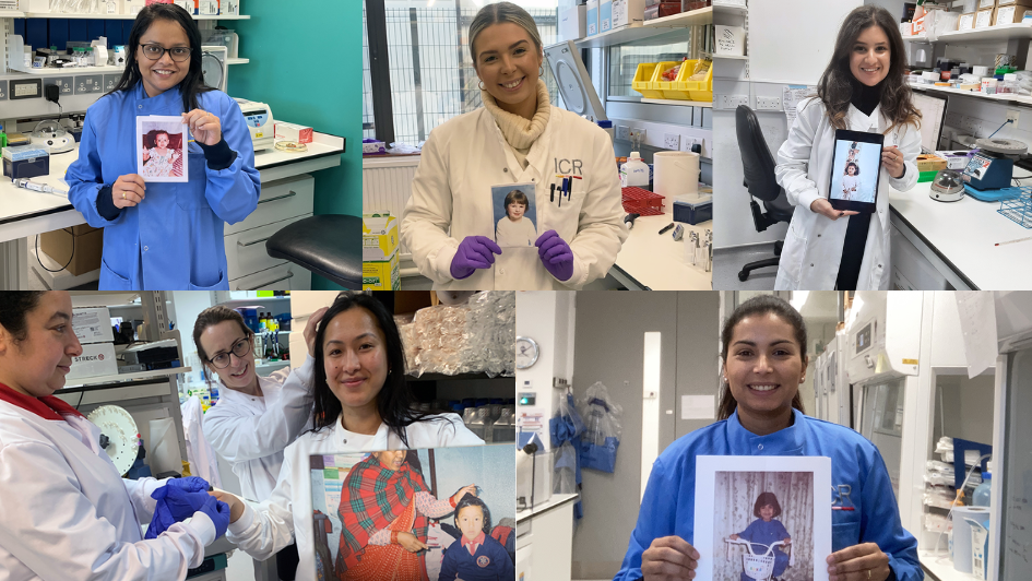 Supriti Ghosh, Isabel Nichols, Melina Beykou, Sumana Shrestha and Erica Oliveira in the lab holding up images of younger selves