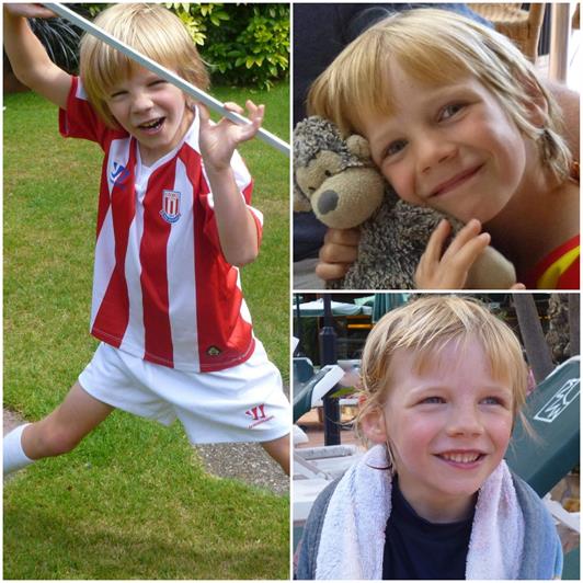 A photo montage of Lucas. Left-hand photo shows Lucas playing in his football kit. Top right photo shows Lucas hugging a teddy. Bottom right photo shows Lucas by a swimming pool.