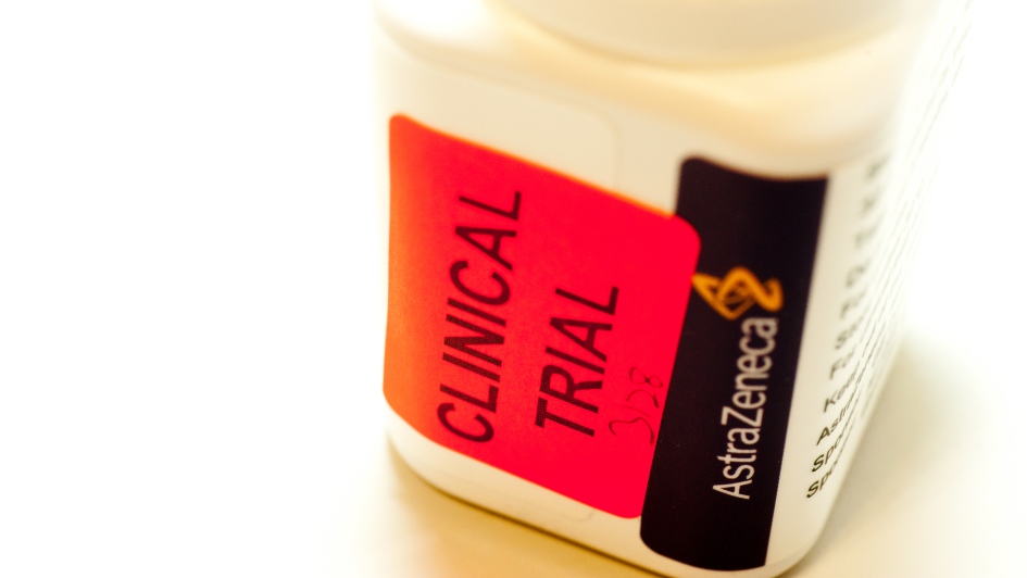 Olaparib in AstraZeneca pill bottle marked 'Clinical trial'