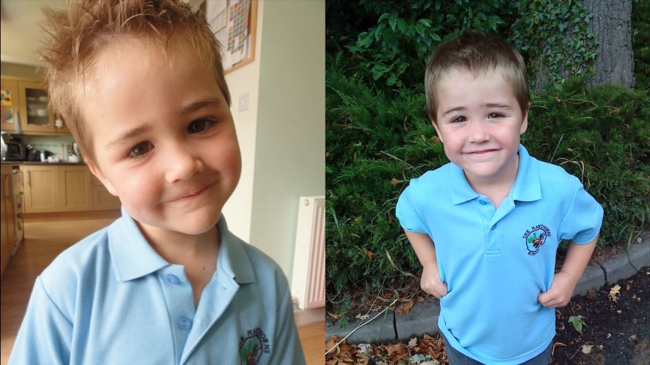 Two photos of Ollie in school uniform