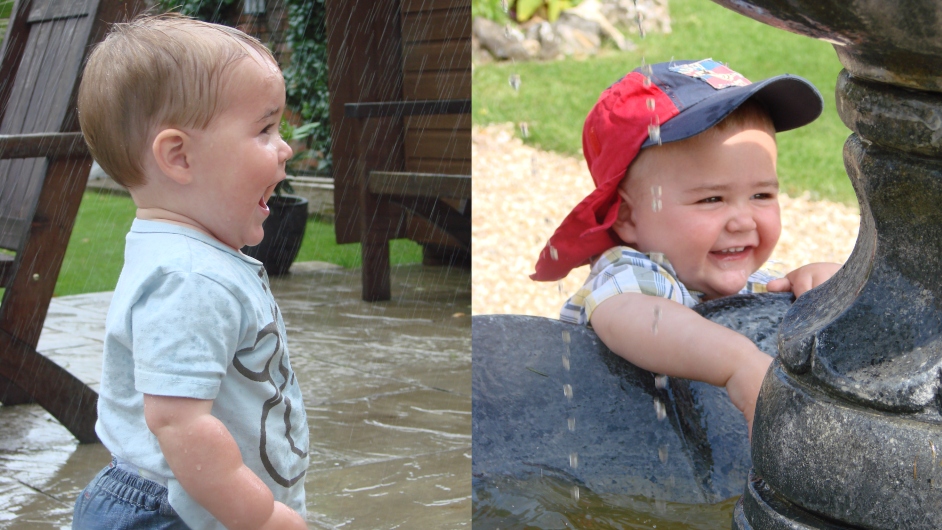 On the left, Ollie being sprayed with a hose. On the right, Ollie leaning over a water fountain  