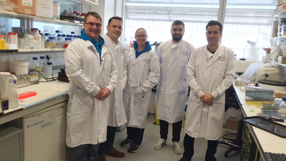 Sarah, Simon and Stuart from the Ollie Young Foundation with Professor Chris Jones and Dr Yura Grabovska in the ICR lab