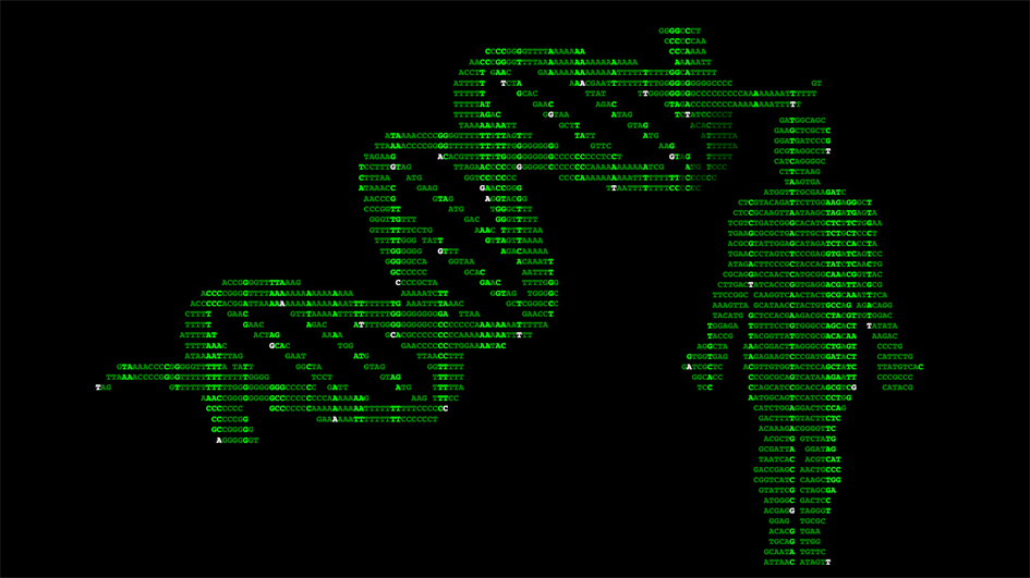 Visualition with a strand of DNA and human figure made out of genectic code.