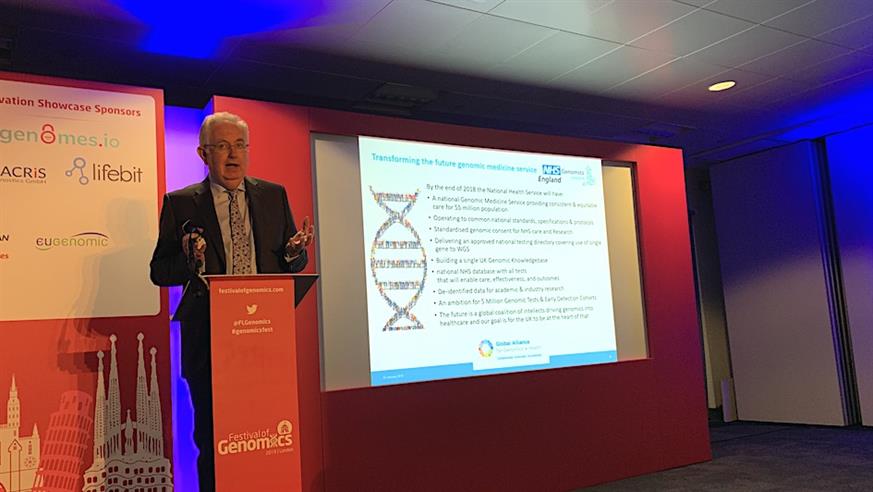 Professor Mark Caulfield giving keynote talk at Festival of Genomics 2019