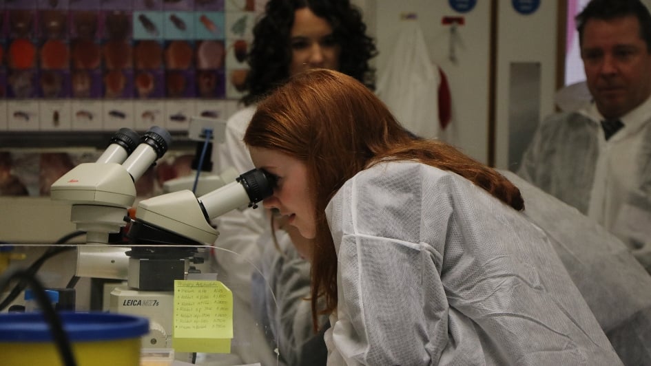 Two students looking into a microscope