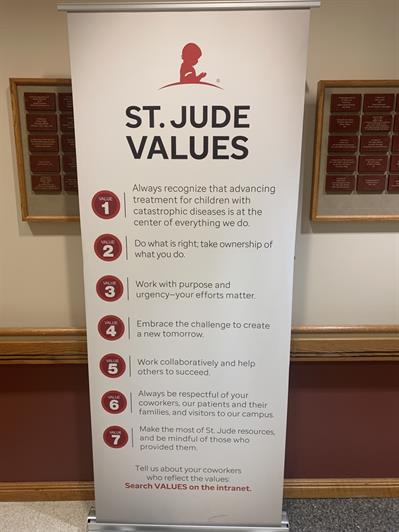 A pop-up banner displaying the St. Jude values