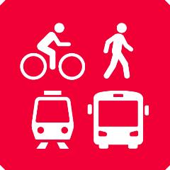 Red icon depicting a train, coach, bike and pedestrian