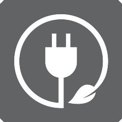 Grey icon of a plug surrounded by a leaf