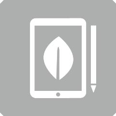 Grey icon depicting a tablet with a leaf