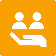 Orange icon depicting a hand holding up people
