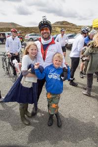 Tim Morgan with his two children at the Dartmoor Demon cycling fundraiser